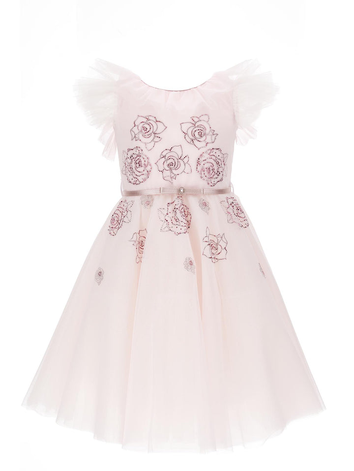 Abito rosa bambina con strass , cintura e rose ricamate