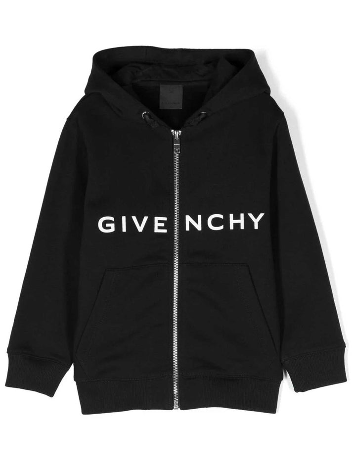 Felpa nera bambino con zip , cappuccio e logo bianco stampato H25484 09B Givenchy Kids 