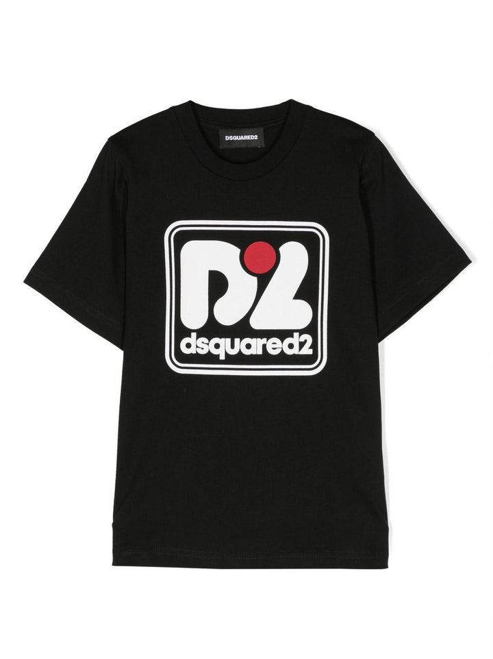 T-shirt nera bambino con stampa bianca e rossa