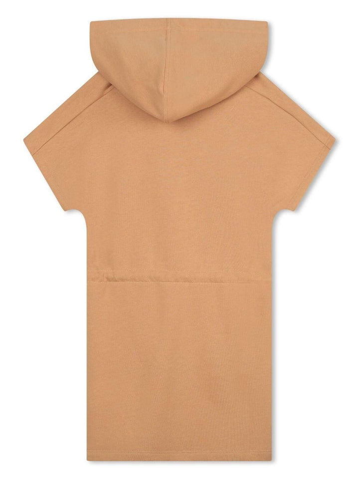 Abito beige bambina con cappuccio , coulisse e logo bianco stampato