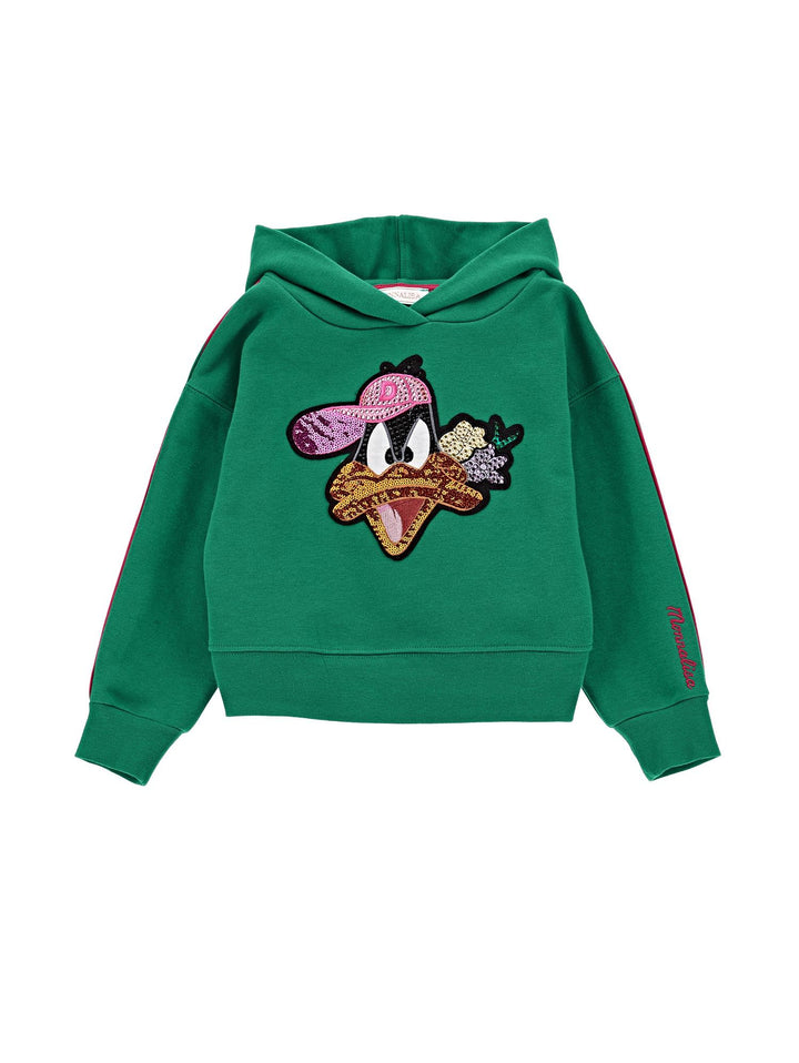 Felpa verde bambina con cappuccio e stampa 'Duffy Duck' 19B6292097 0026 Monnalisa kids 