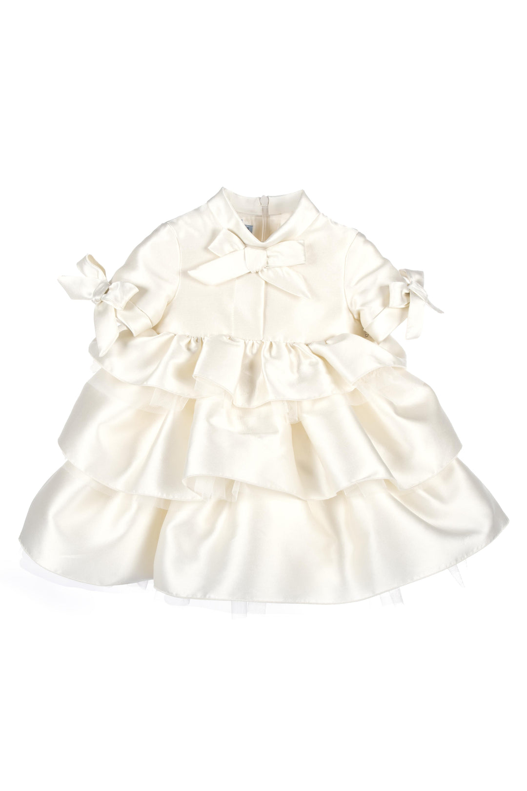 Abito bianco neonata,con fiocco frontale e laterale,dettaglio gonna rouches,chiusura posteriore con zip MGAB067TS0807 CRM MI.MI.SOL 