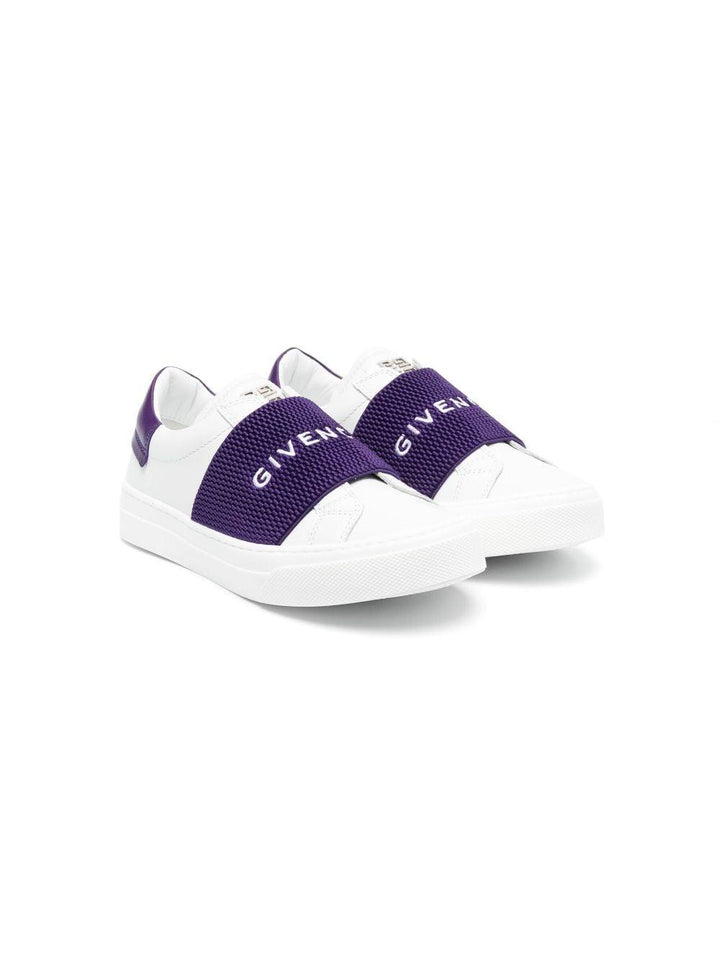 Sneakers bianche con fascia viola con logo<BR/> H19078 91C Givenchy Kids 