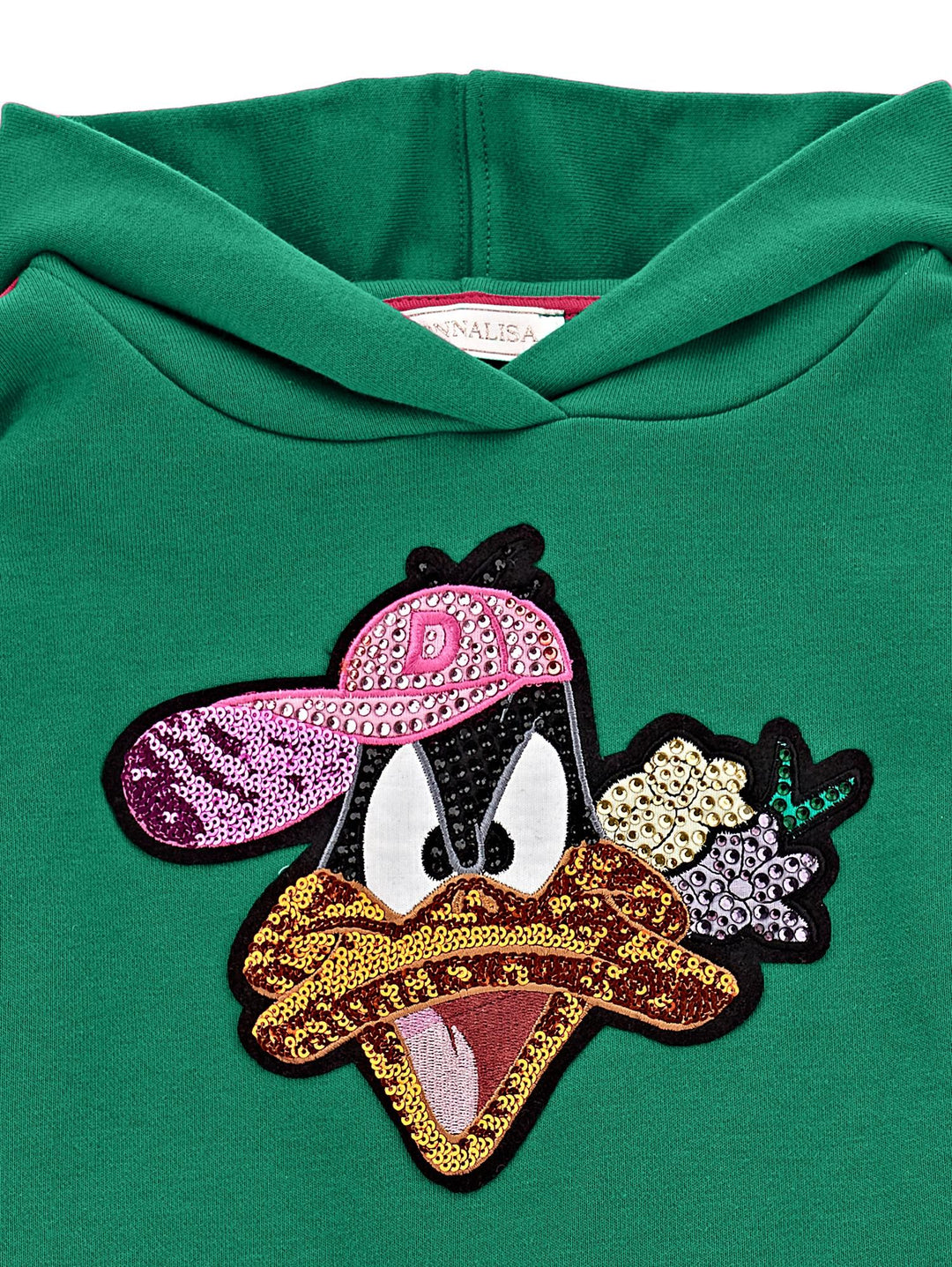 Felpa verde bambina con cappuccio e stampa 'Duffy Duck' 19B6292097 0026 Monnalisa kids 