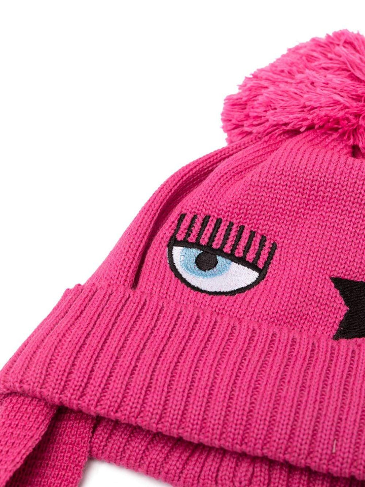Berretto fucsia neonata con pompon e applicazioni