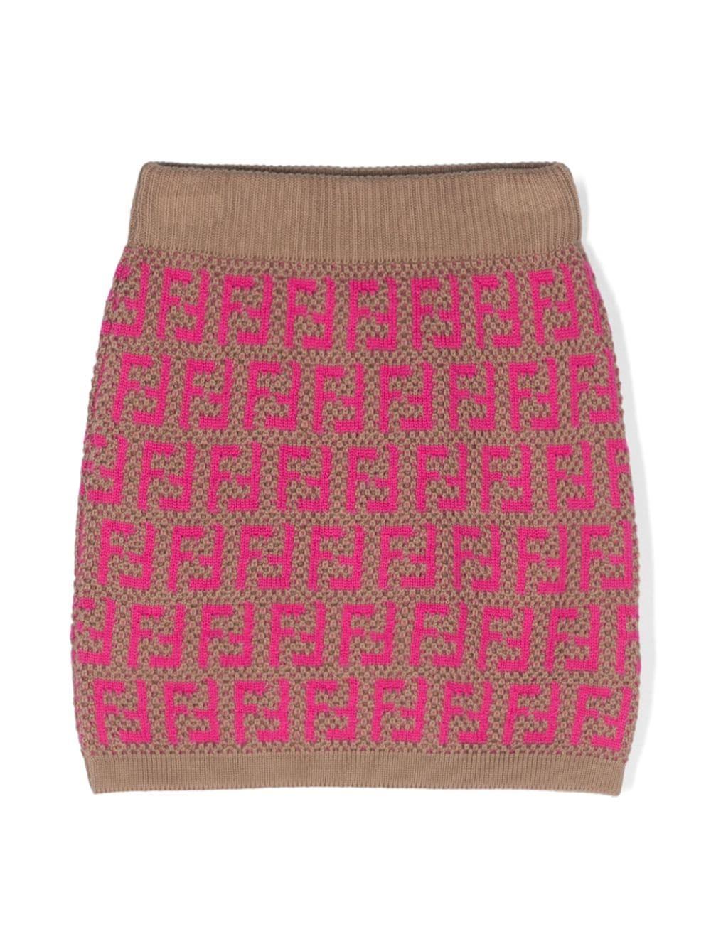 Gonna marrone bambina,logo rosa tramato