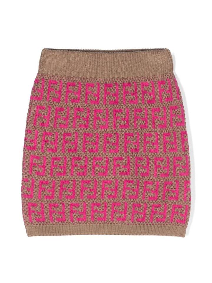 Gonna marrone bambina,logo rosa tramato