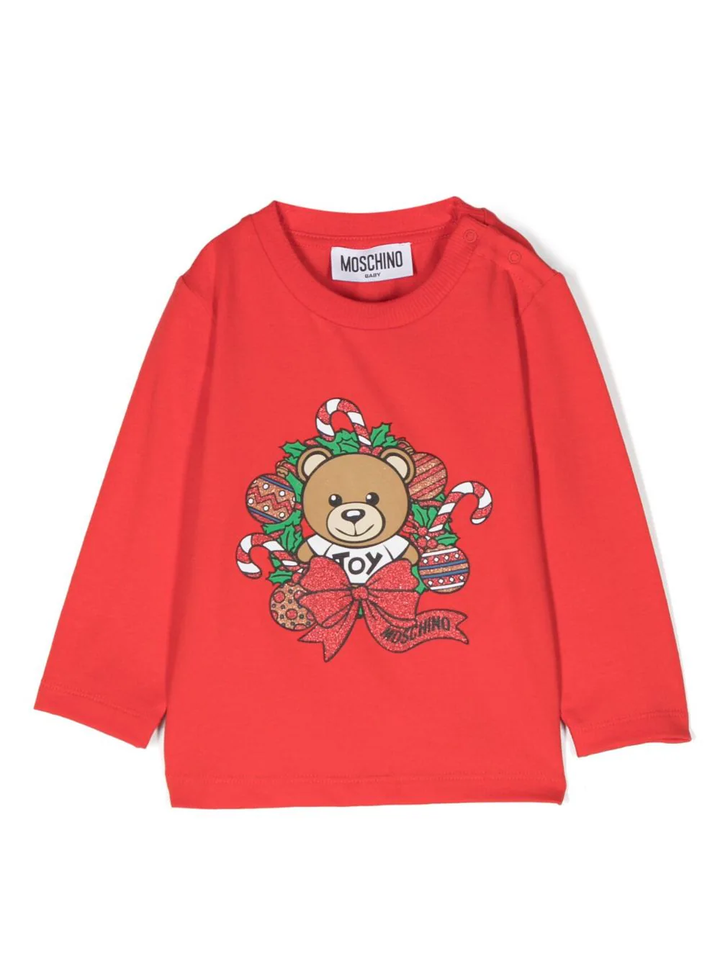 Felpa rosso papavero,caratteristica stampa Leo Teddy, dettaglio con glitter, girocollo, chiusura con bottoni a pressione sulla spalla, maniche lunghe e orlo dritto
