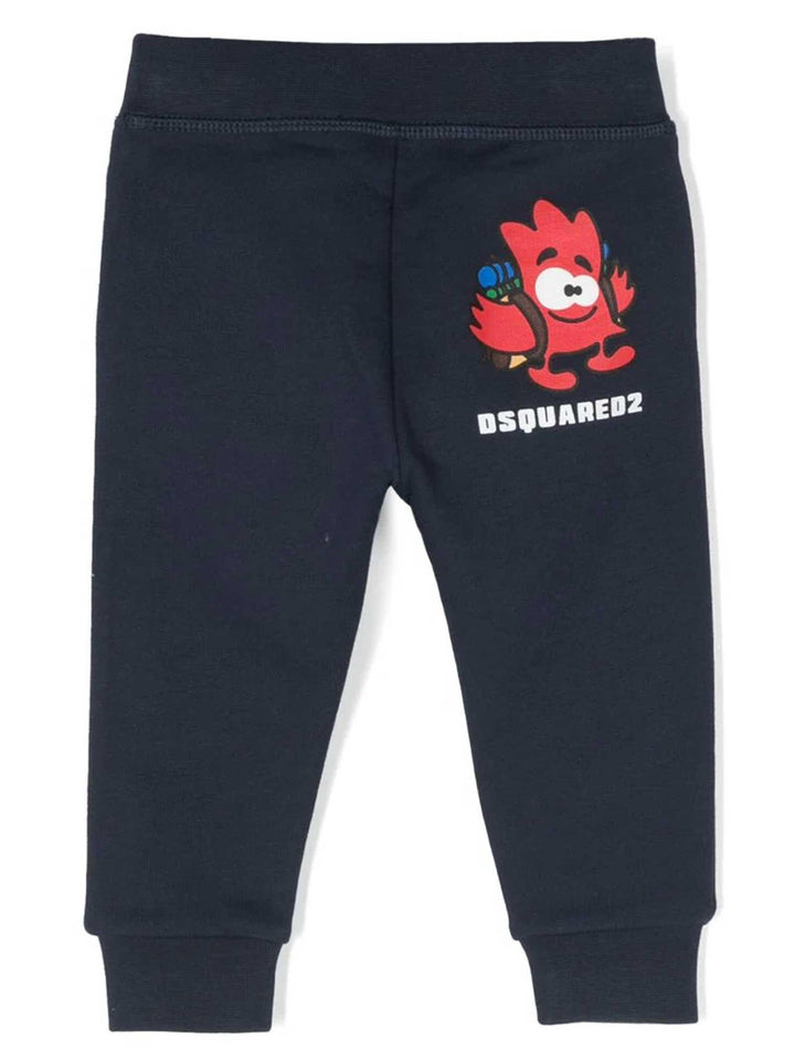 Pantalone blu bambino con stampa multicolor posteriore