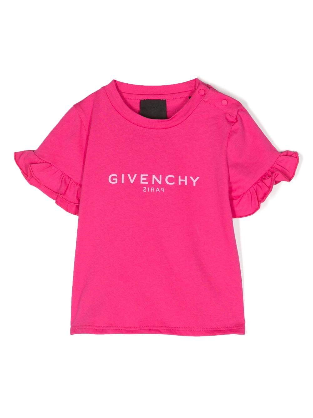 T-shirt fucsia neonata con dettagli con ruches e logo bianco stampato