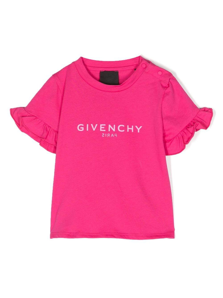 T-shirt fucsia neonata con dettagli con ruches e logo bianco stampato