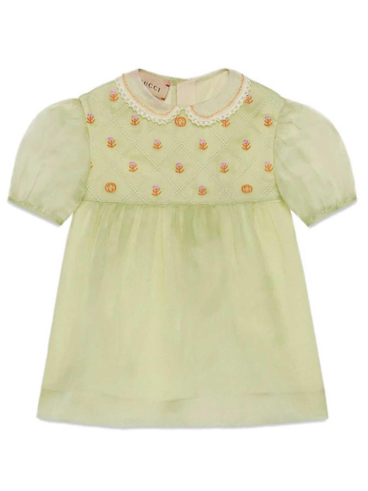Abito verde bambina in organza con ricami floreali