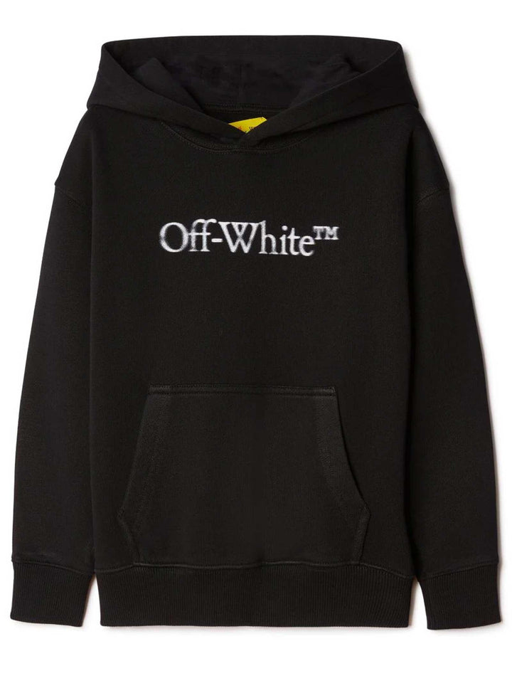 Felpa nera bambino con cappuccio e logo bianco stampato