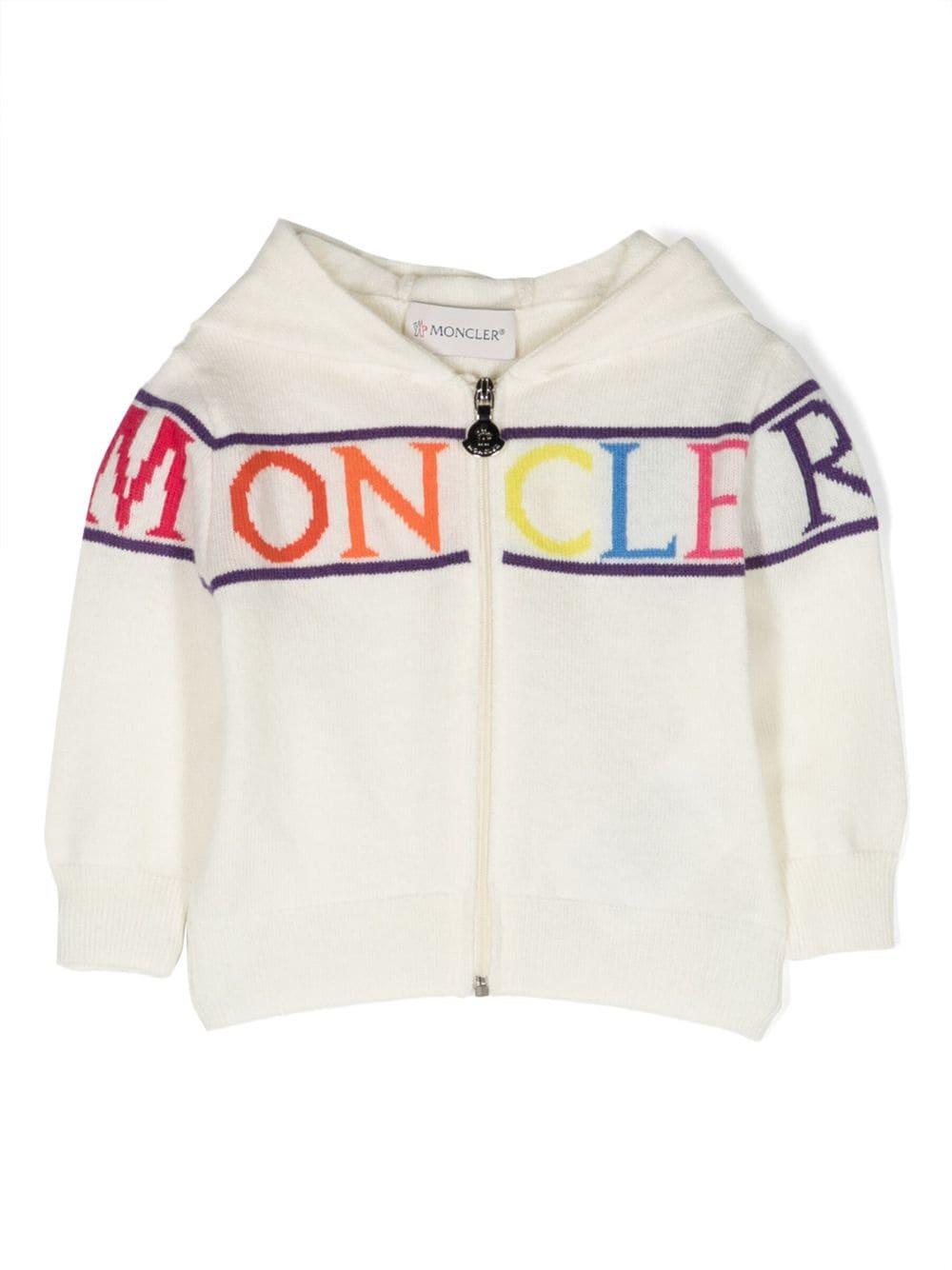 Felpa bianca neonato con zip , cappuccio e stampa multicolor
