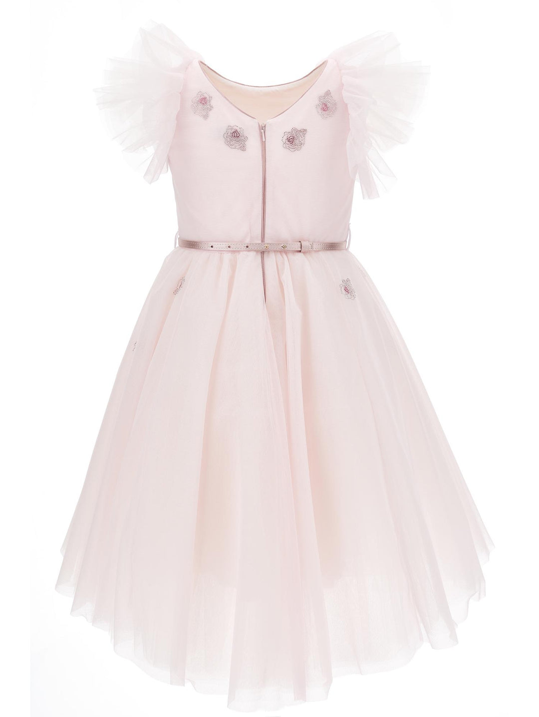 Abito rosa bambina con strass , cintura e rose ricamate