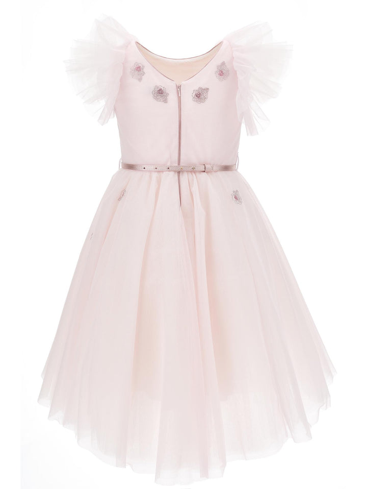Abito rosa bambina con strass , cintura e rose ricamate