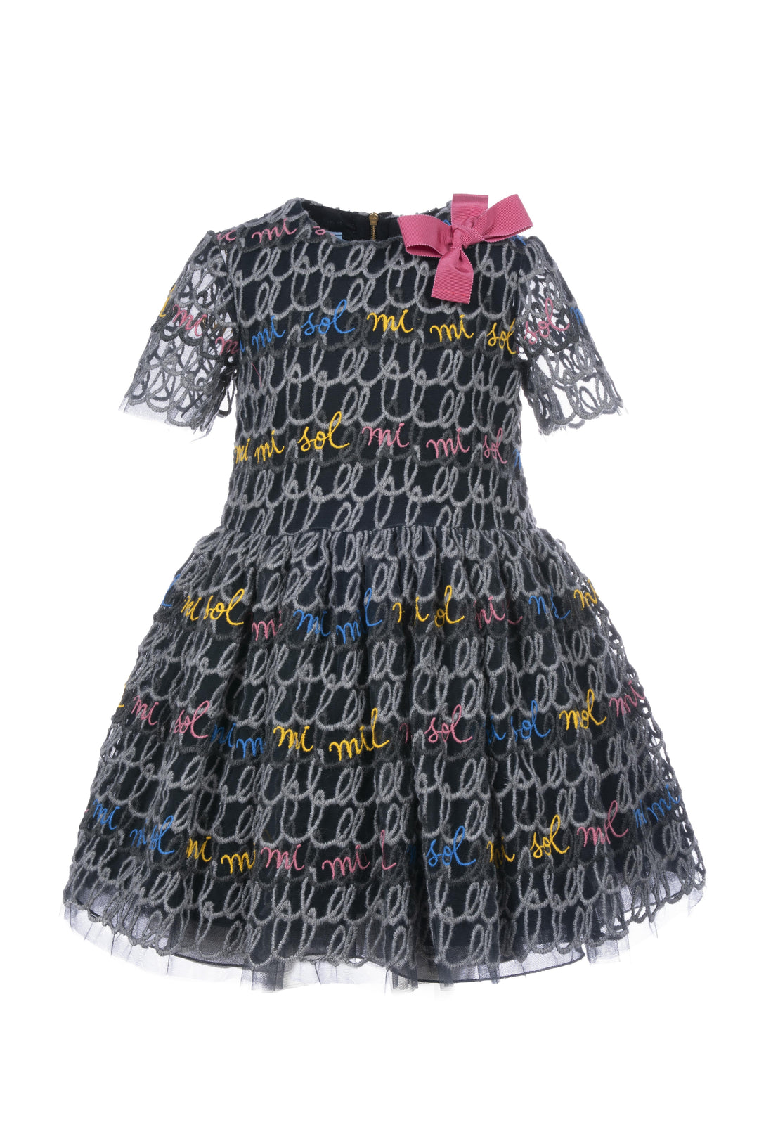 Abito grigio bambina,con fiocco laterale,scollo rotondo,primo velo in tulle,gonna svasata e chiusura posteriore con zip