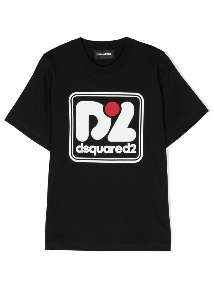 T-shirt nera bambino con stampa bianca e rossa