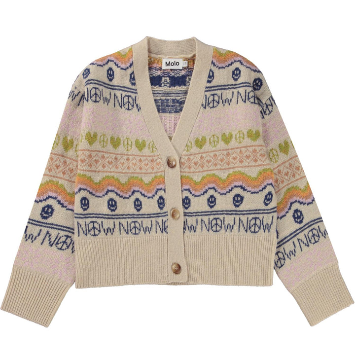 Cardigan beige e multicolor bambina con stampa