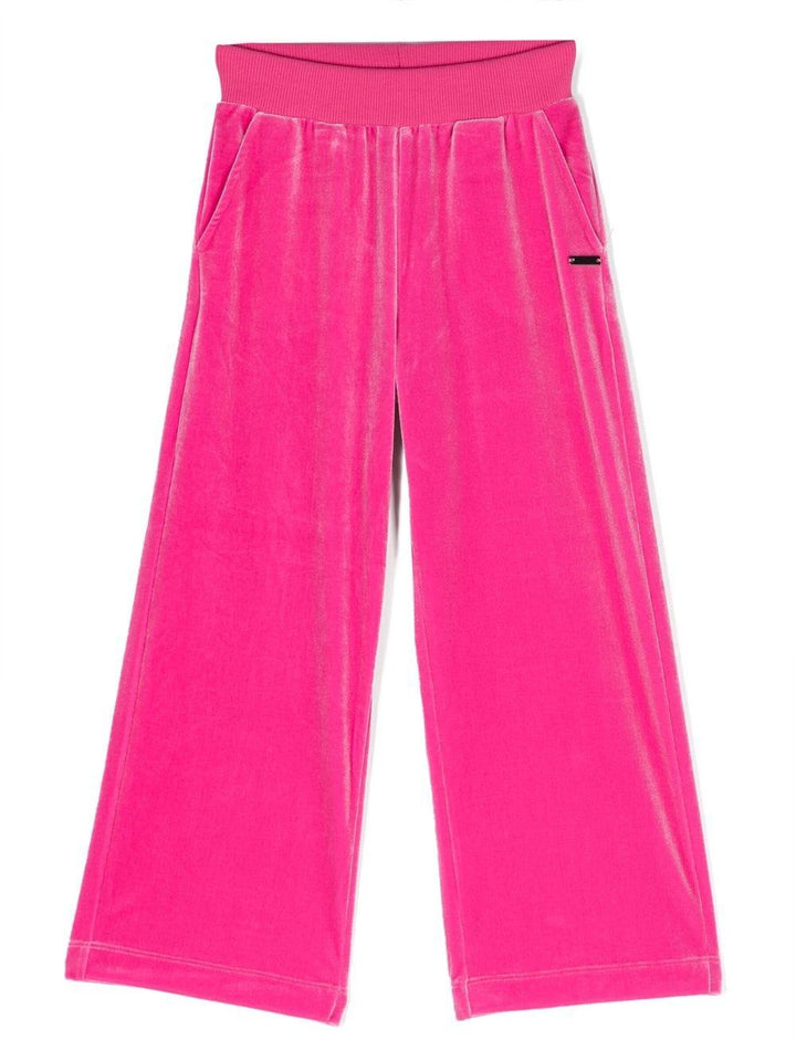 Pantaloni fucsia sportivi bambina a gamba dritta con placca logo