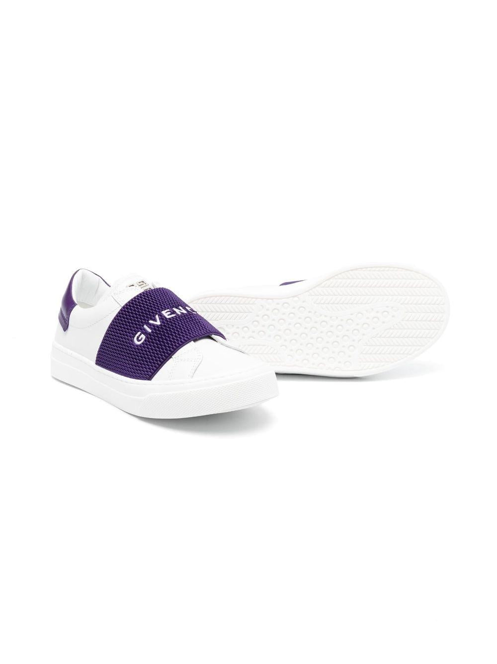 Sneakers bianche con fascia viola con logo<BR/> H19078 91C Givenchy Kids 