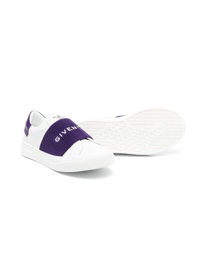 Sneakers bianche con fascia viola con logo<BR/> H19078 91C Givenchy Kids 