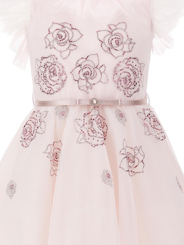 Abito rosa bambina con strass , cintura e rose ricamate