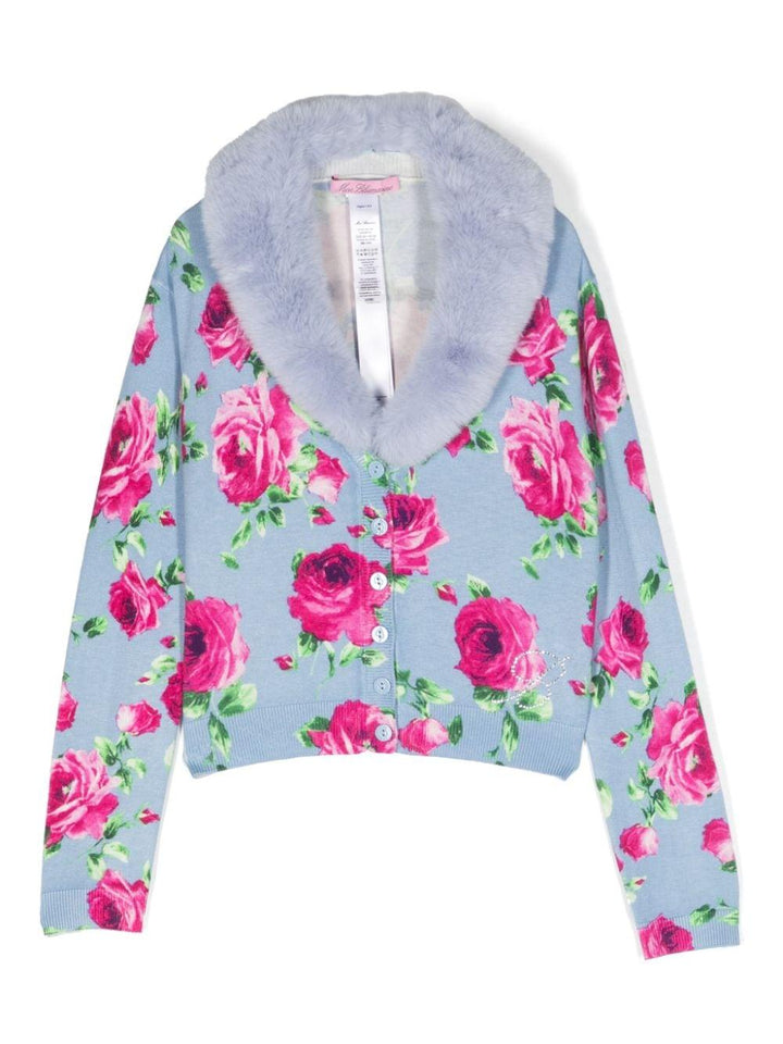 Cardigan blu chiaro bambina con intarsio a fiori