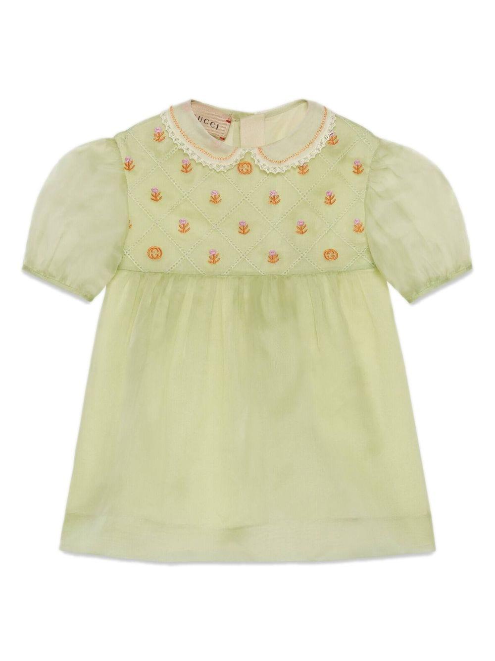 Abito verde bambina in organza con ricami floreali