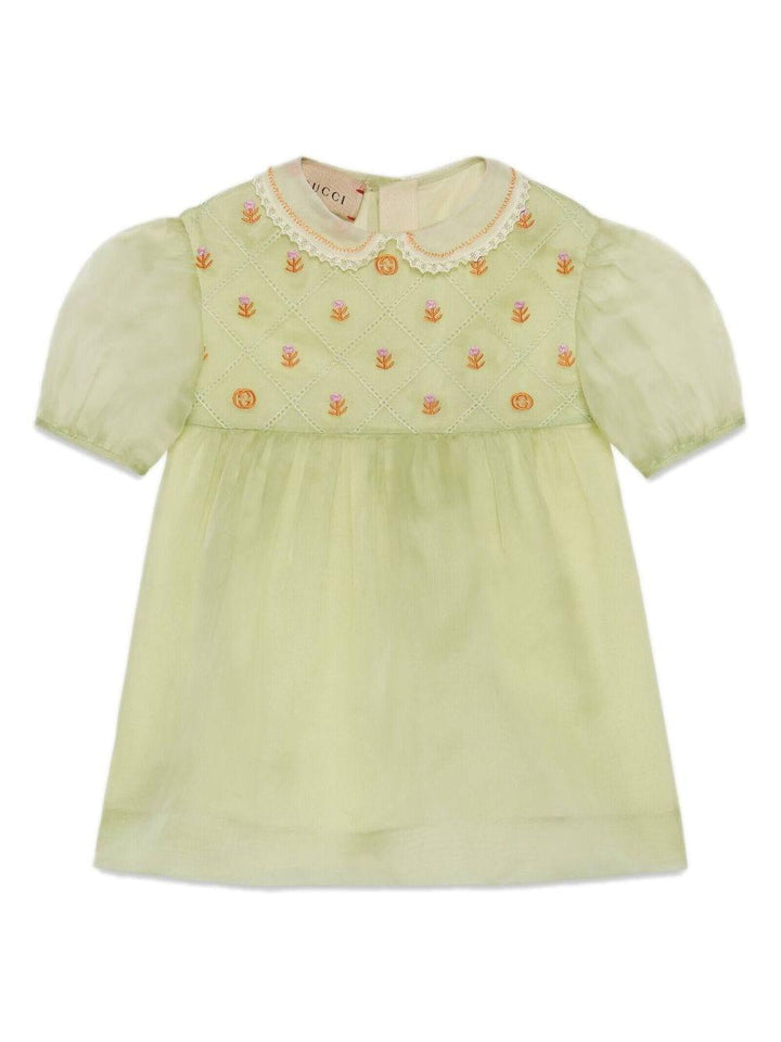 Abito verde bambina in organza con ricami floreali