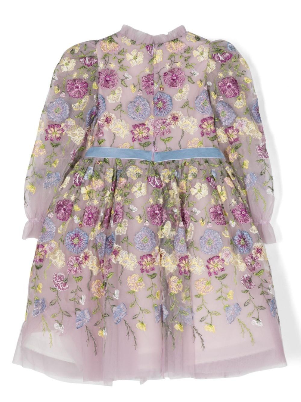 Abito glicine bambina,con stampa di fiori,cintura e gonna tulle a balze