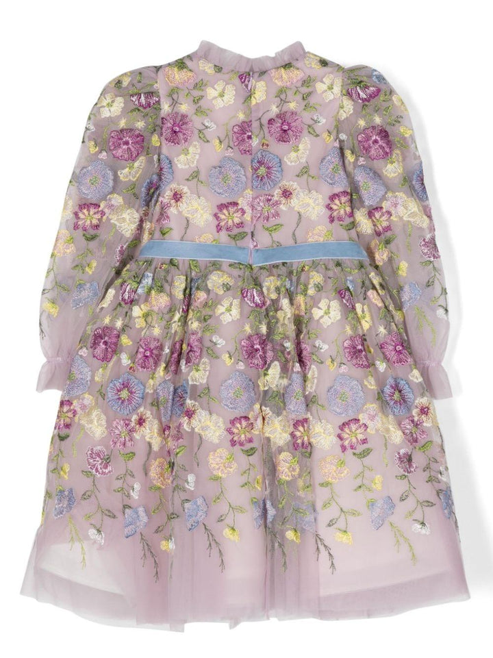 Abito glicine bambina,con stampa di fiori,cintura e gonna tulle a balze