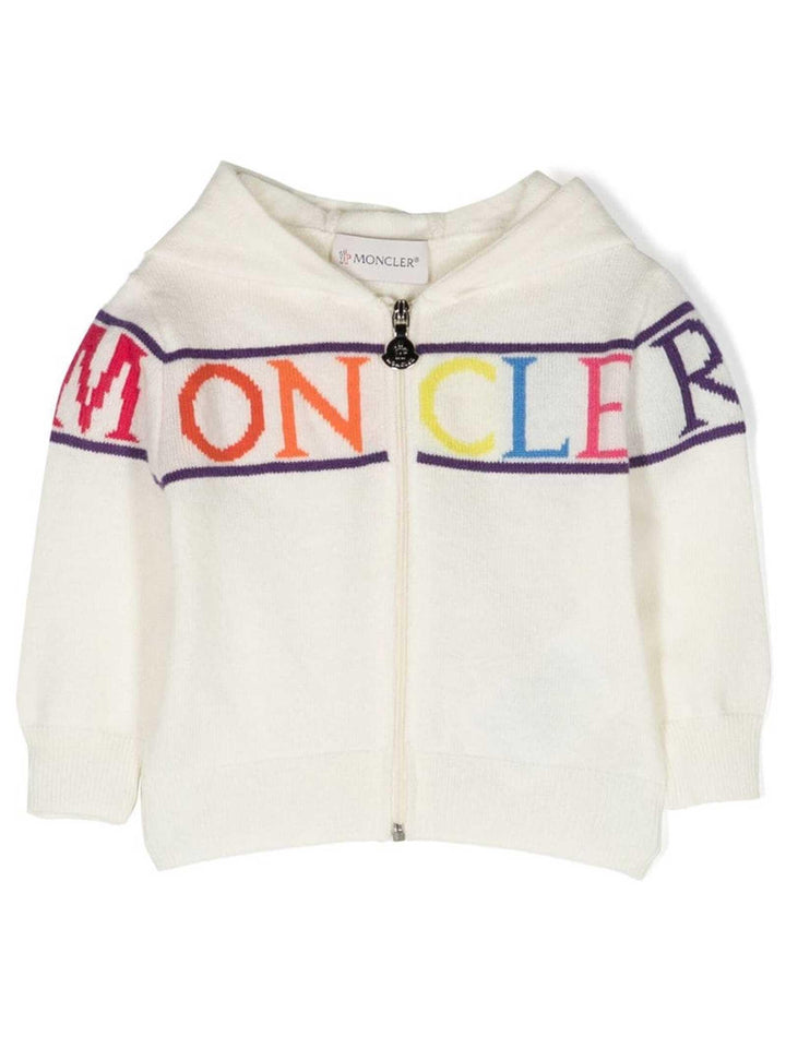 Felpa bianca neonato con zip , cappuccio e stampa multicolor