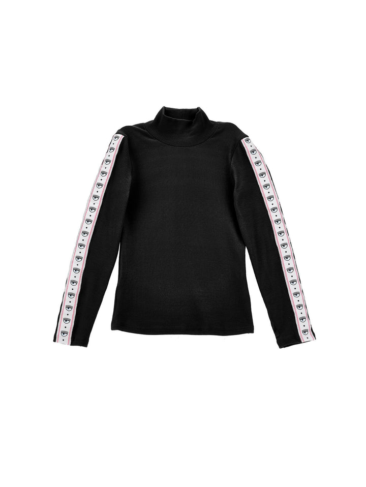 T-shirt nera bambina con bande laterali logate